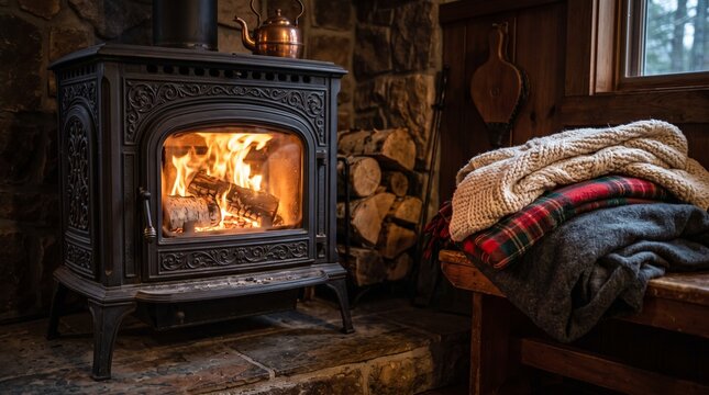Cozy wood burning stove with warm fire and blankets in cabin interior
