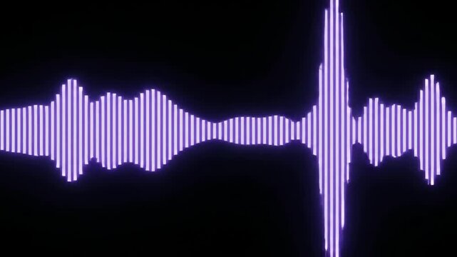 Abstract glowing purple pulse graph and violet waveform on black background with rhythmic amplitude, digital audio energy, sound signal frequency spectrum, and music visualization
