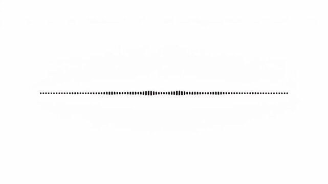 Abstract pulse graph displaying symmetrical black audio waveform, balanced frequency amplitude bars, central vibration peaks, clean white background for sound signal analysis, audio technology