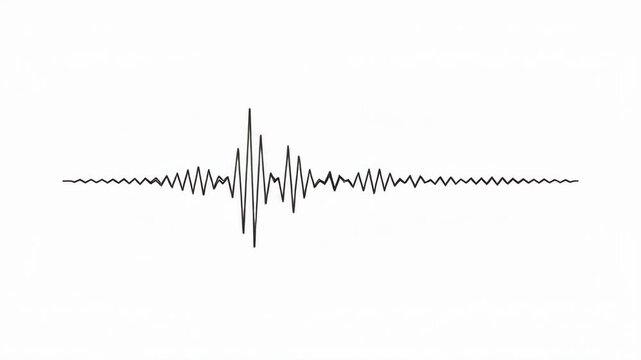 Abstract pulse graph waveform on white background with sharp central spike, fading oscillation, rhythmic signal frequency variation, balanced amplitude vibration, and clean audio analysis composition