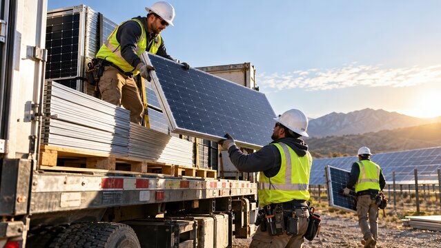 Professional workers installing sustainable solar panel systems on construction site at sunset in mountainous landscape