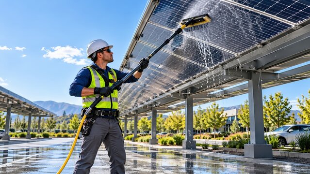 Professional worker cleaning solar panels for maximum efficiency and optimal renewable energy power generation system maintenance