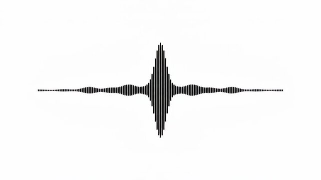 Abstract graph pulse waveform white background with central oscillation, fading amplitude, rhythmic signal energy, frequency, vibration, audio, and sound visualization for clean scientific technology