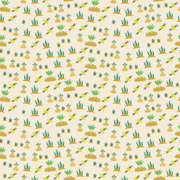 Seamless pattern of stylized plants, ginger, and vanilla