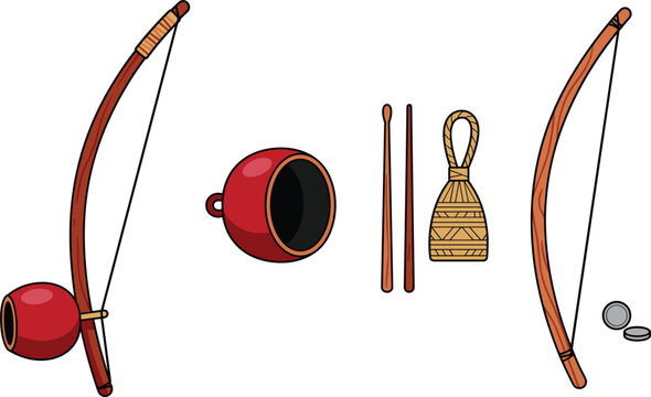 Berimbau vector set featuring traditional Brazilian musical instruments caxixi shaker baqueta stick and cabaca gourd for capoeira illustration