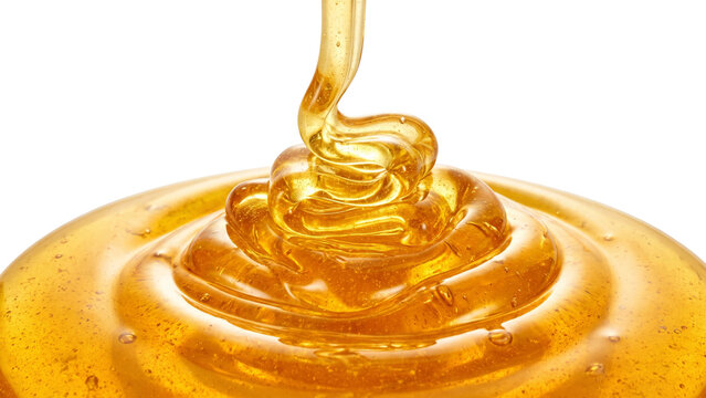 Honey png, Photography of Dripping Amber Syrup on Plain White Background, Golden honey stream isolated on transparent or white background, png

