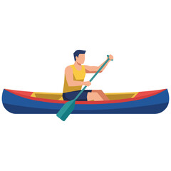 Man paddling in a canoe on water in a simple flat illustration style with water sport © Nisha