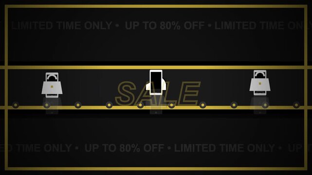 Black and Gold Sale Promotion Motion Background with Shopping Icons and 80 Percent Off Text