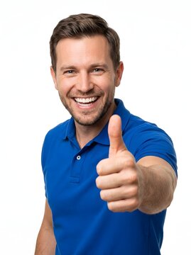 Smiling man blue polo thumbs up