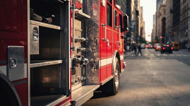 Red fire truck parked on city street with open side compartments, emergency response and rescue service concept