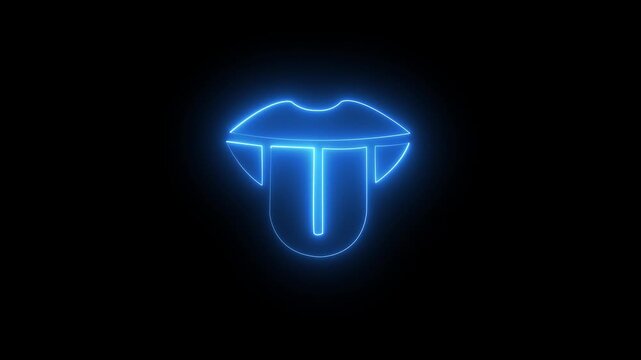 Glowing blue neon mouth sticking out tongue icon for playful emotion, lip expression, taste sense, funny gesture, cheeky emoji