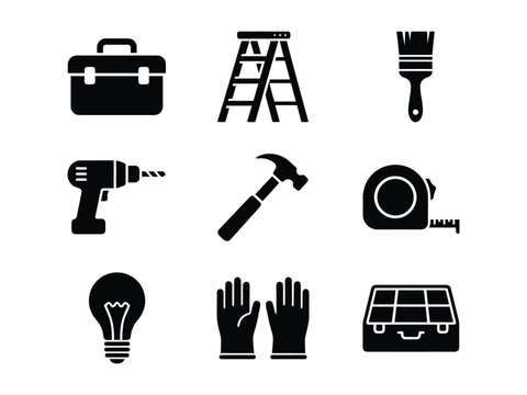 Set of construction and diy repair tools and equipment icons for home improvement with step ladder