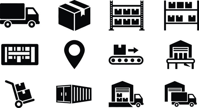 Logistics and shipping icons set featuring delivery truck cargo box warehouse and warehouse