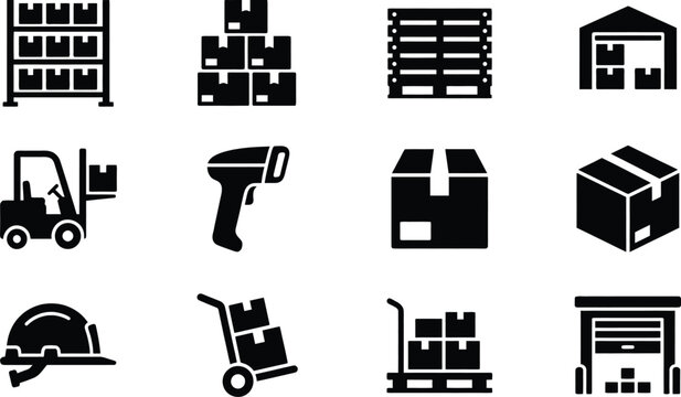 Warehouse management and inventory icons set with forklift, barcode scanner and storage pallets