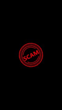 Red scam stamp animation on black background featuring glowing circular digital interface elements with jittery motion effects for cybersecurity and fraud prevention concepts.