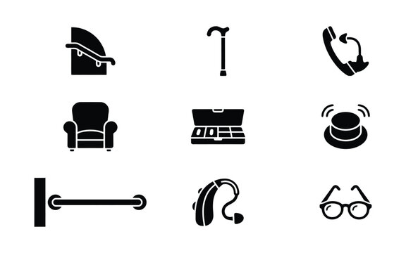 Collection of accessibility and elderly care support icons for senior lifestyle assistance