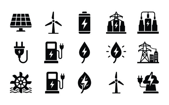Set of renewable energy and electricity power generation icons for sustainable development