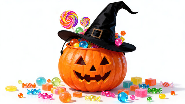 A playful Halloween candy bucket with a pumpkin face, filled with colorful sweets like lollipops and wrapped candies, halloween holiday festive image design