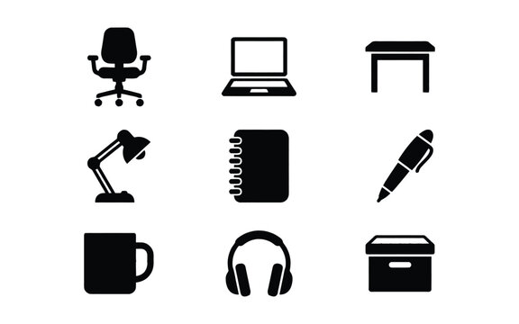 Modern office and workspace vector icons collection featuring desk chair laptop notebook stationery
