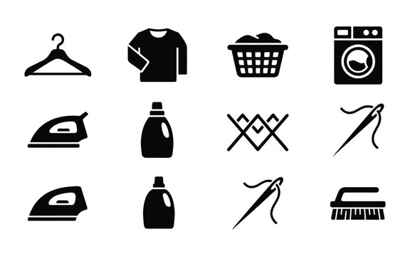 Set of laundry clothing care housekeeping vector icons featuring hanger washing machine iron