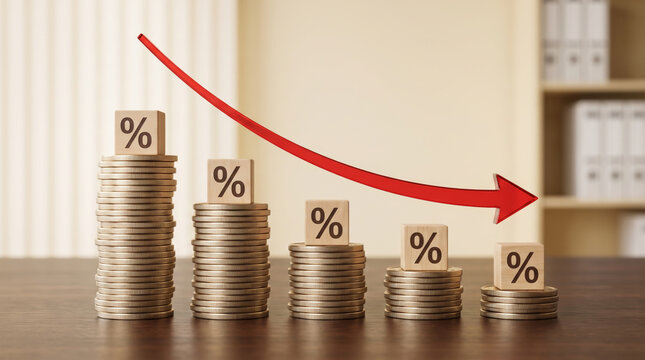 Inflation red arrow signals economy decline with falling coin stacks and percentage symbols. Financial crisis recession. stock price increase falling, bankruptcy risk loss, chart graph statistic