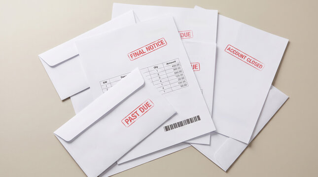Bills paper stack unpaid payment envelope document overdue notice debt finance white. Financial bankruptcy debt crisis. overdue invoice payment document statement, expense budget problem stress