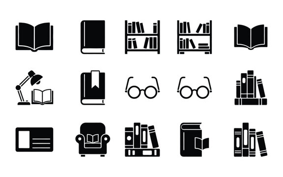 Collection of black glyph icons representing library books reading and study accessories