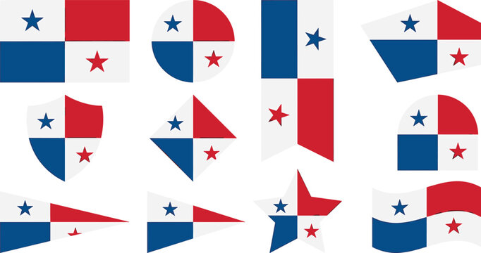 Panama national flag icon set in various geometric shapes shields stars and waving format vector on white background