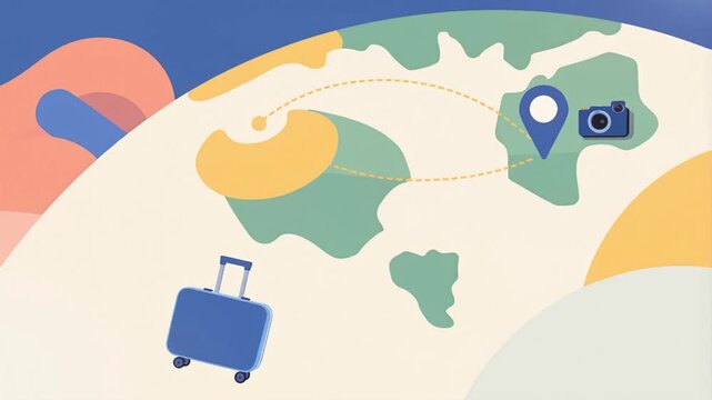 Flat 2D animation of a blue suitcase with passport and flight ticket for travel and vacation