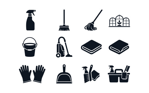 Household cleaning tools and equipment set of black glyph icons with cleaning supplies