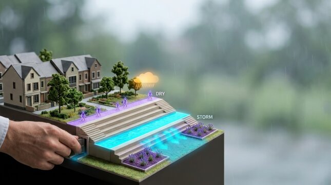 Miniature model of house in neighborhood garden for flood adaptation and temporary stormwater management visualization