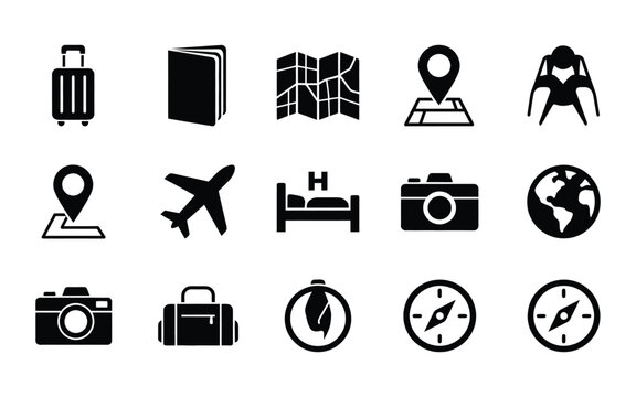 Collection of various travel and vacation related icons for tourism websites and apps with adventure