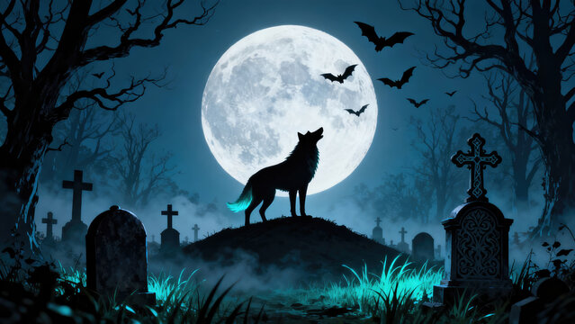 A spooky Halloween cemetery with the shadow of a howling wolf under a bright full moon. The atmosphere is scary., halloween holiday festive image design