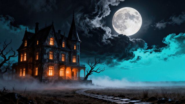 Halloween night in a haunted house spooky atmosphere eerie surroundings enigmatic viewpoint, halloween holiday festive image design
