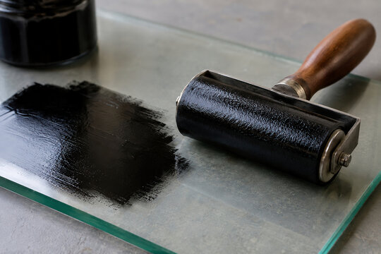 Ink covered printmaking roller resting on a glass slab