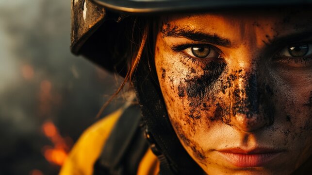 female firefighter with her face covered in soot looking directly at a forest fire generative ai