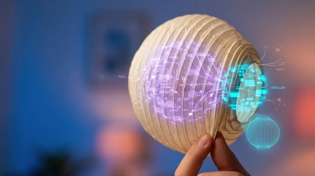Hand compressing elegant ribbed structure of a collapsible paper lantern for data compression concept