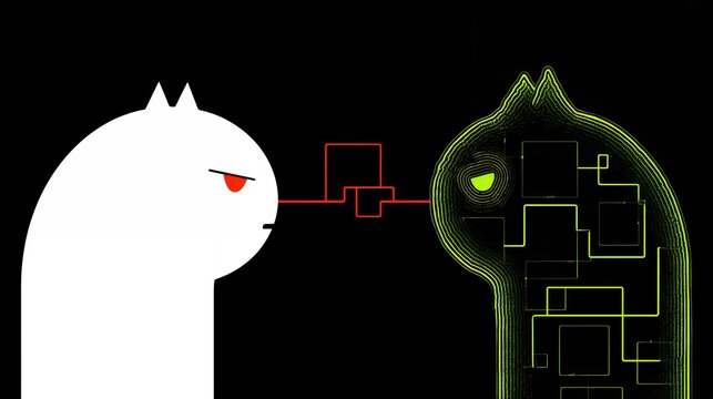 Abstract cyber cat meme overlay featuring a white feline character connecting to a digital glitch matrix hologram on black background