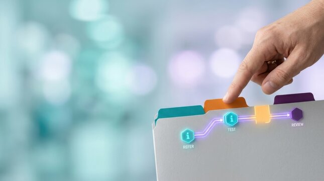 Person holding piece of paper in blank medical referral folder with colored edge tabs for healthcare coordination