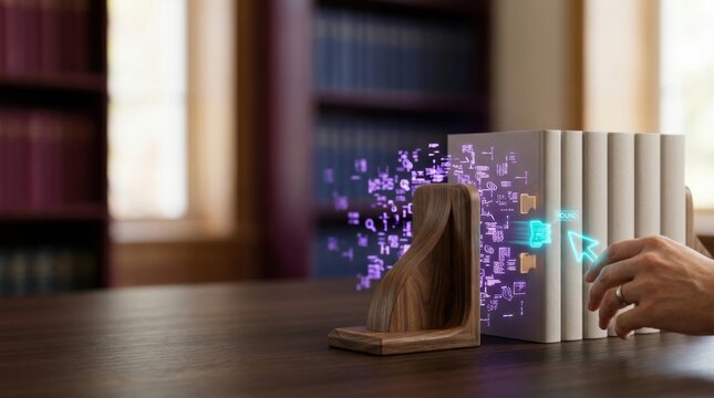 Ai search process illustrated with realistic sculptural walnut bookend beside blank identical book spines