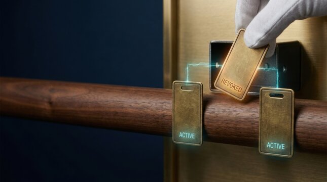 Person's hand opening a door by revoking a matching brass cloakroom tag from a small walnut rail