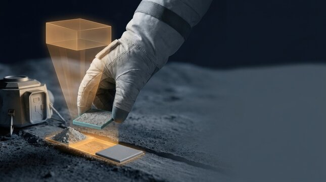 Person's hand delicately touching a small object on the surface of a realistic model of the moon