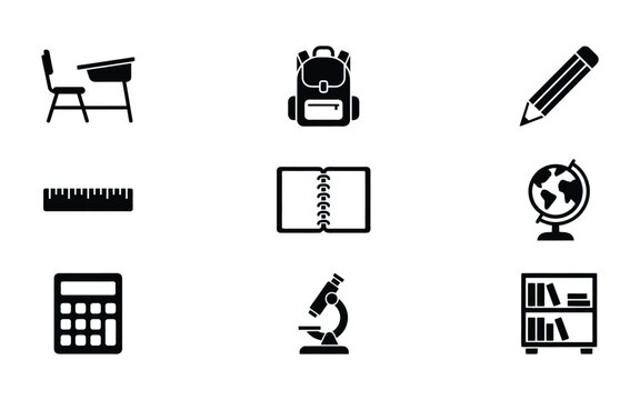 Collection of school and education related black silhouette icons with education symbols
