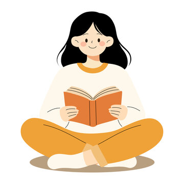 Flat Cartoon Girl Reading a Book While Sitting Cross Legged