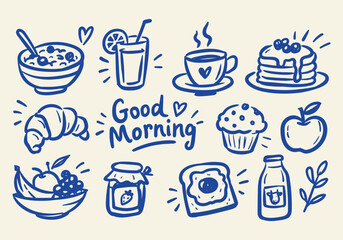 Fototapeta premium Hand Drawn Good Morning Breakfast and Cafe Food Doodles Vector Set