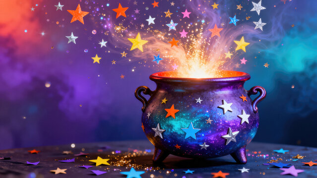 A witch's cauldron brimming with vibrant stars, radiating magical glows in a spectrum of brilliant colors spilling out of it., halloween holiday festive image design