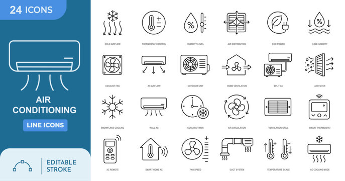 Air Conditioning Line Icons Set for Climate Control and Ventilation. Editable stroke. Vector illustration   