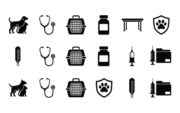 Set of black veterinary and pet care service icons on a white background with veterinary icon