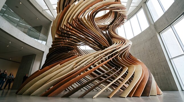 Large wooden abstract sculpture installation in a modern art museum