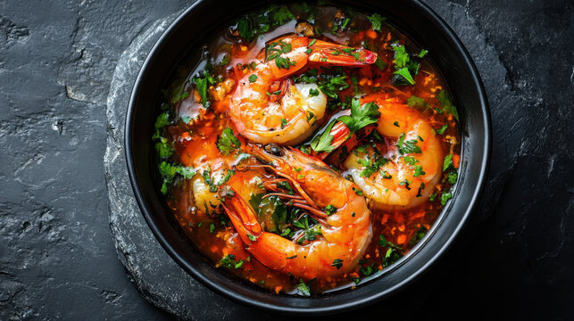 Tom Yam kung Spicy Thai soup with shrimp, seafood, coconut milk and chili pepper in a bowl, top view